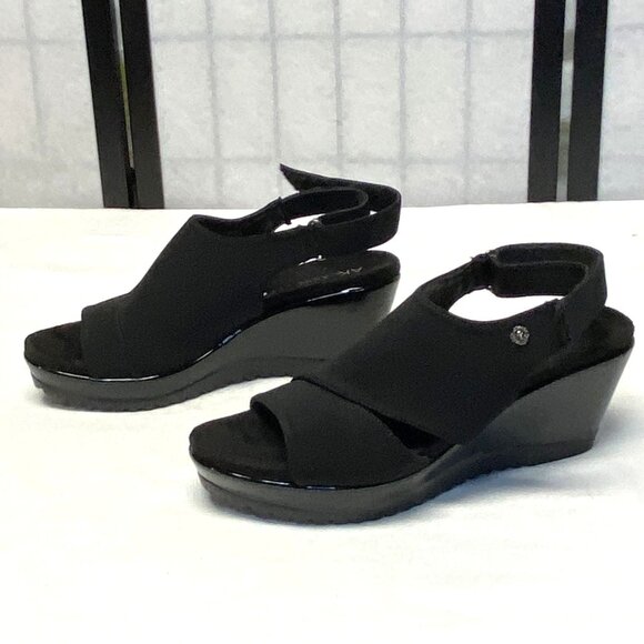 Anne Klein Faux Suede Patent Low Wedge Open Toe Sling Back Romeo Sandals Black - Picture 3 of 13